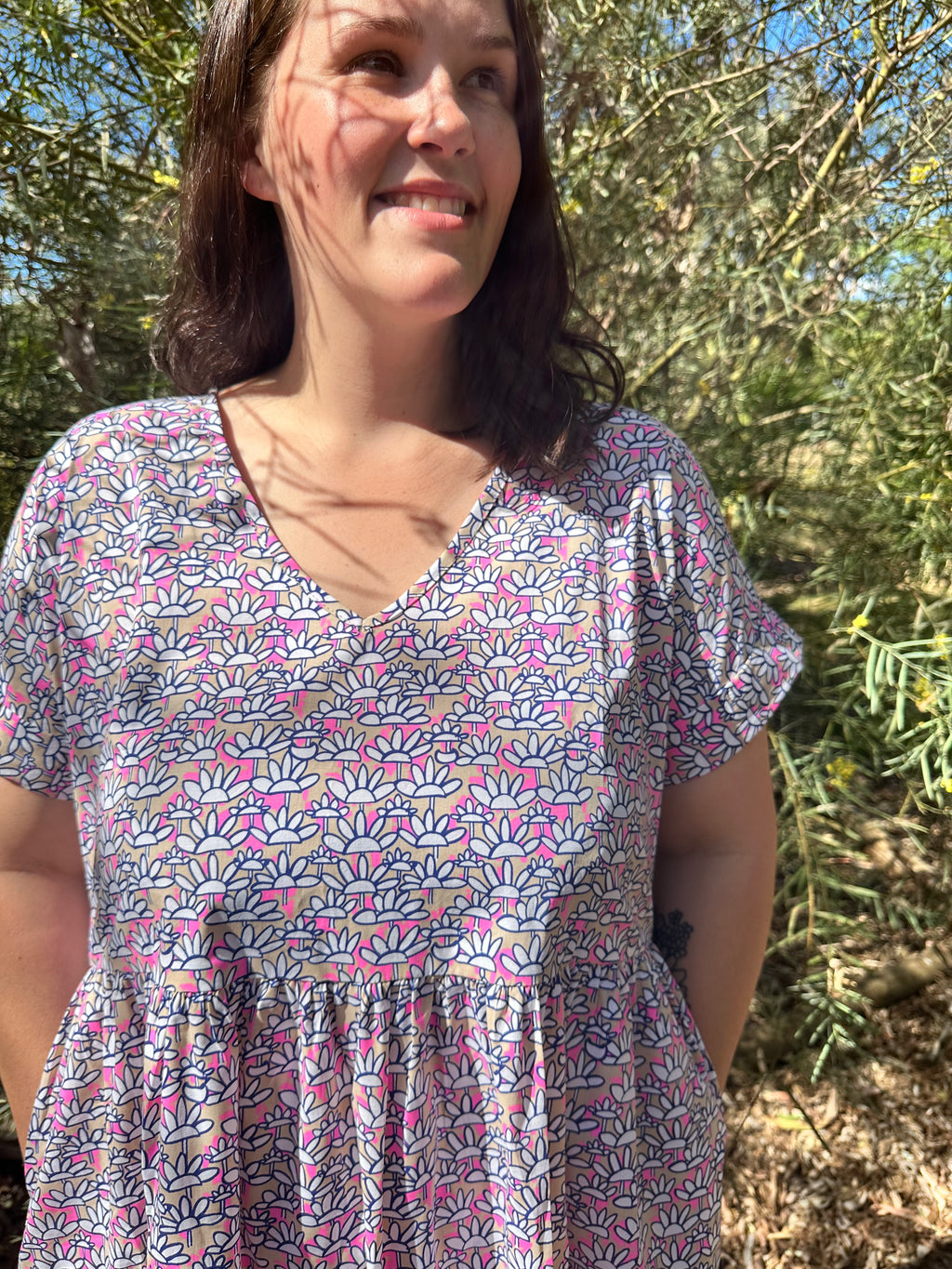 Flamingo Bloom V-Neck Dress