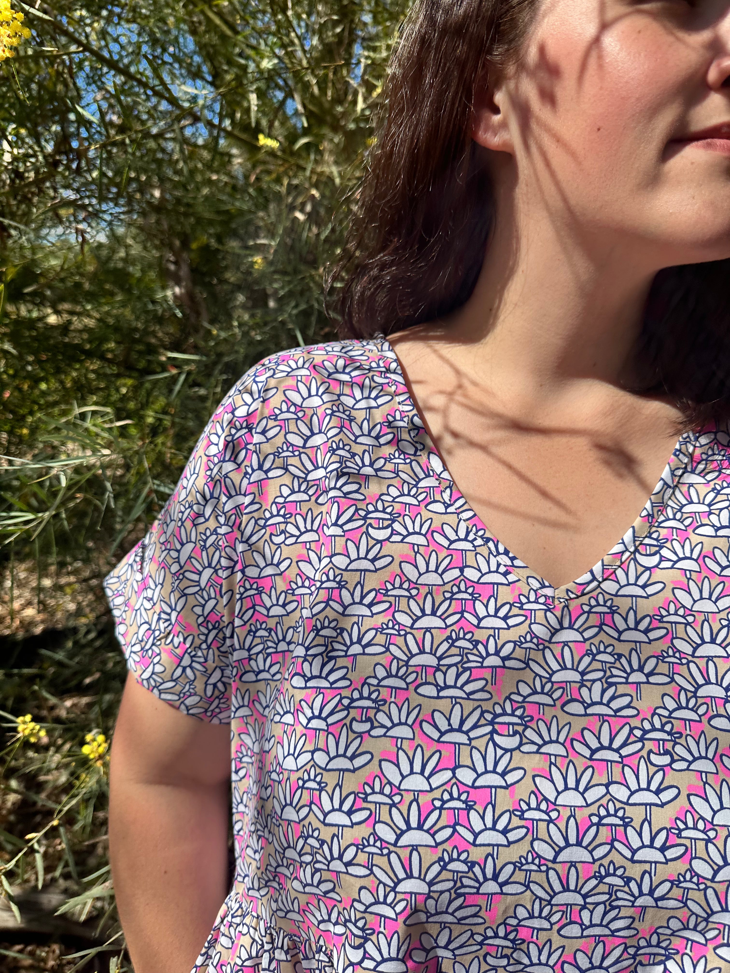 Flamingo Bloom V-Neck Dress